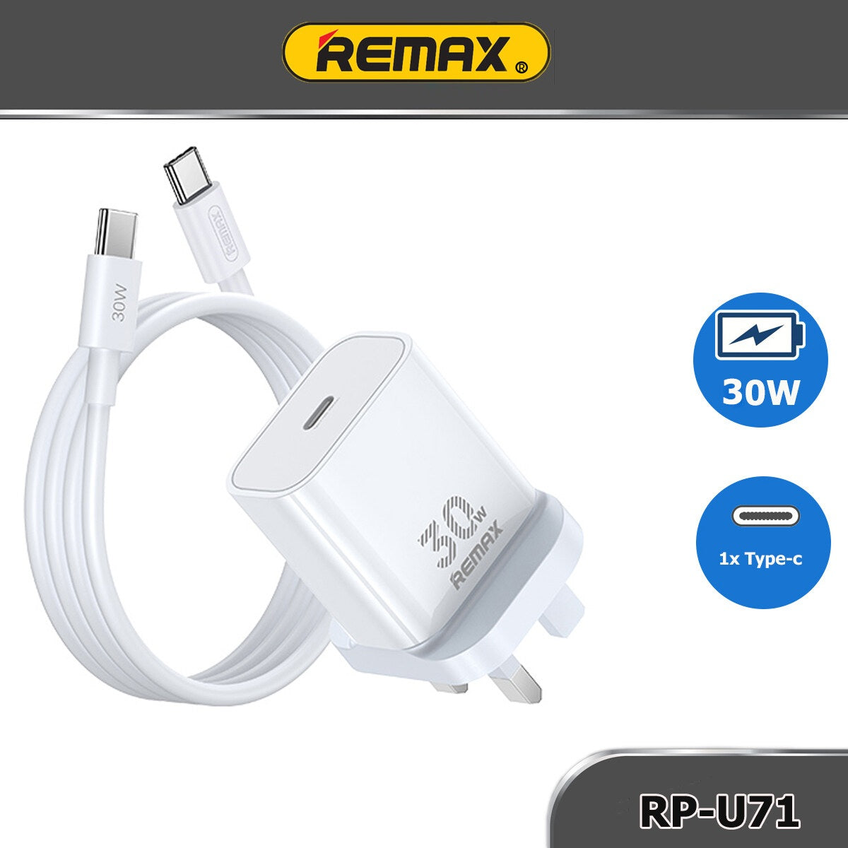 Remax RP-U71 30W Type C Plug GAN Charger With Type C to Type C Cable 1M