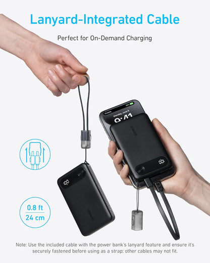 Anker Power Bank  22.5W 10,000mAh Portable Charger with Built-in USB-C Cable and Lanyard,