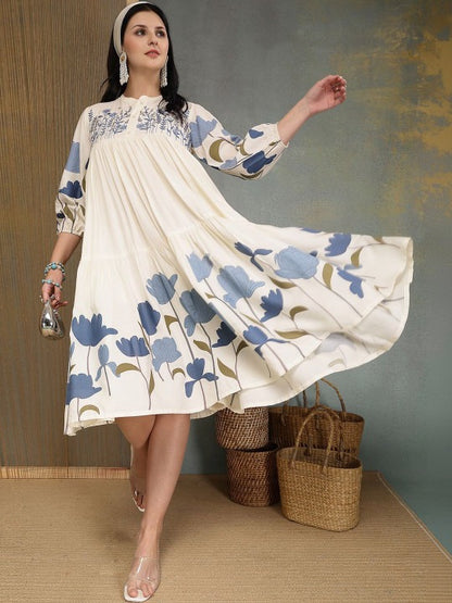 Floral Print Puff Sleeve a-Line Dressx