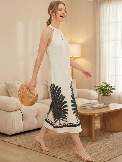 Floral Embroidered Halter Neck Linen Blend Midi Dress