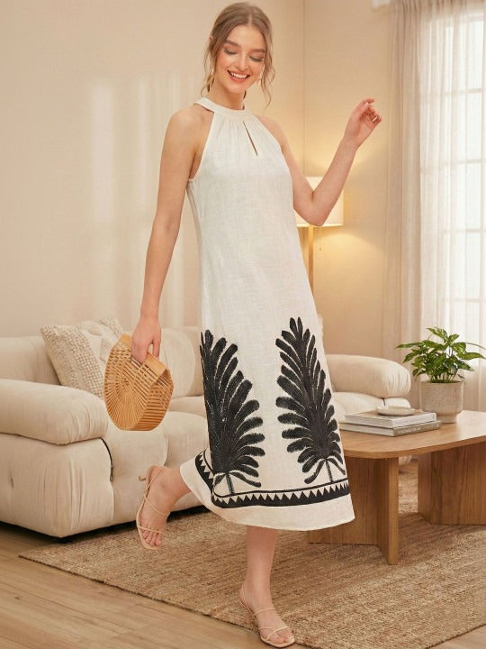 Floral Embroidered Halter Neck Linen Blend Midi Dress