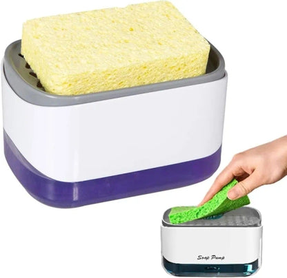 2-In-1 Kitchen White Pump Box Dish Soap Dispenser with Sponge Holder Set