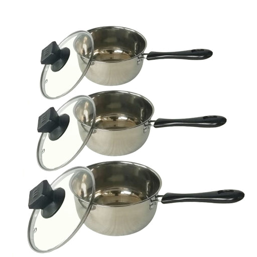3Pcs Stainless Steel Saucepan Set with Cool Touch Handles and Glass Lids