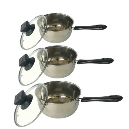 3Pcs Stainless Steel Saucepan Set with Cool Touch Handles and Glass Lids