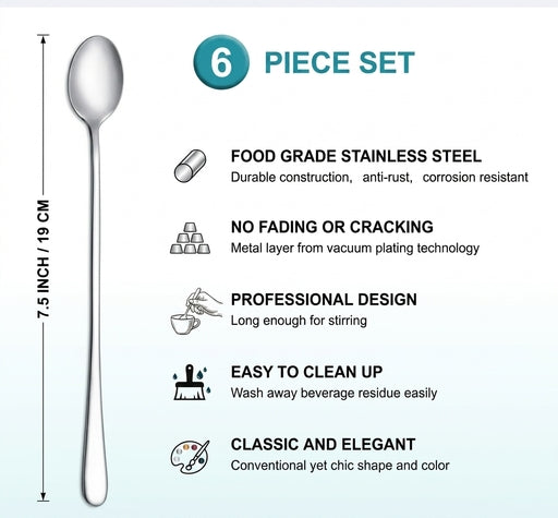 Long Handle Spoon Set, Ice Cream Spoon for Tall Glasses (7.5Inch) -2Pcs/6Pcs