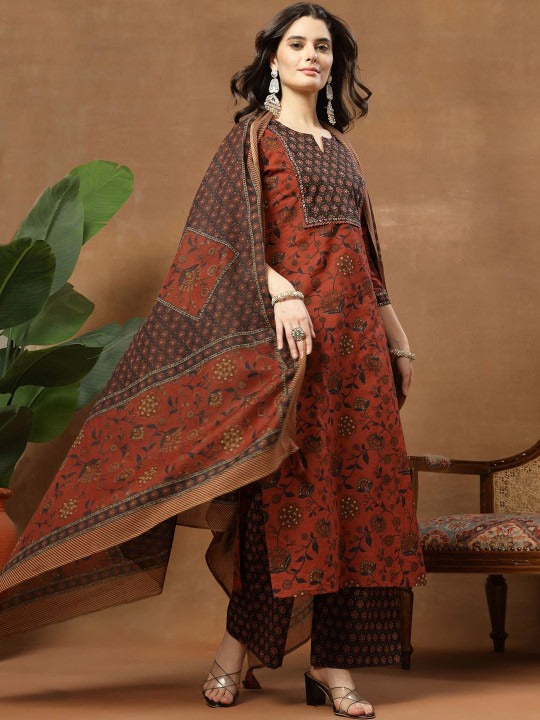 Printed Pure Cotton Round Neck Kurta & Palazzos with Dupatta