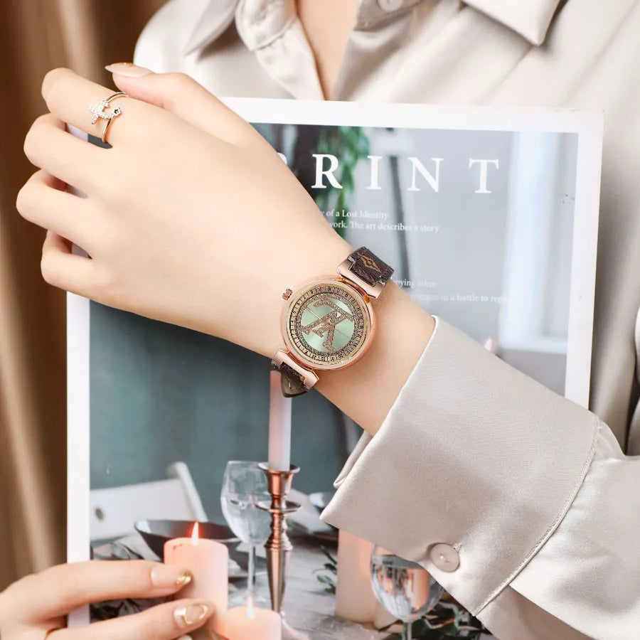 LV LOUIS VUITTON Fashion Women's Quartz Watch Rotating Dial Small Dial Leather Strap Business Elegan