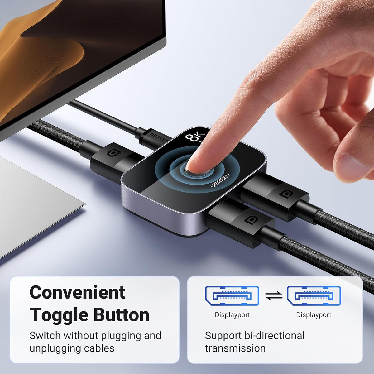 UG DisplayPort Switch 8K DP 1.4 Bidirectional Display Port Splitter 2 in 1 Out Supports 8K@30Hz 4K@240Hz Free-Sync G-sync for PC Host Monitor Laptop with 1 DP Cable and 1 USB-C Cable