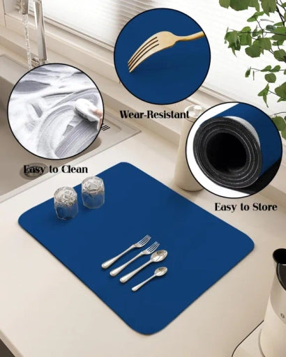 Super Absorbent Dish Drying Mat for Kitchen Counter & Coffee Maker, Navy Blue