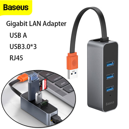 BASEUS Steel Cannon Series USB A to USB3.0*3+ RJ45 HUB Adapter