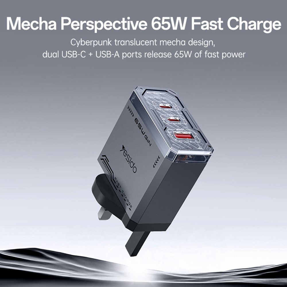 YESIDO YC147 65W GaN Charger Fast Charging Power Adapter with Multiple Ports Mechanical Design for Phones / Tablets - UK Plug