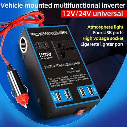 1500W Car Power Inverter DC 12V/24V to AC 220V | 4 USB Fast Charger Universal Adapter
