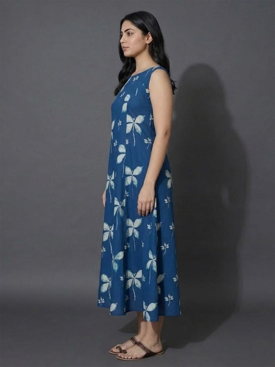 Lightweight Indigo Floral Stunning Heart-Shaped Back Cut-Out Dress