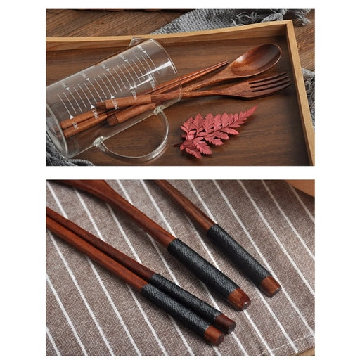 Japanese-Style Wooden Spoon, Fork & Chopsticks 3-Piece Set – Long Handle Solid Wood Portable Cutlery