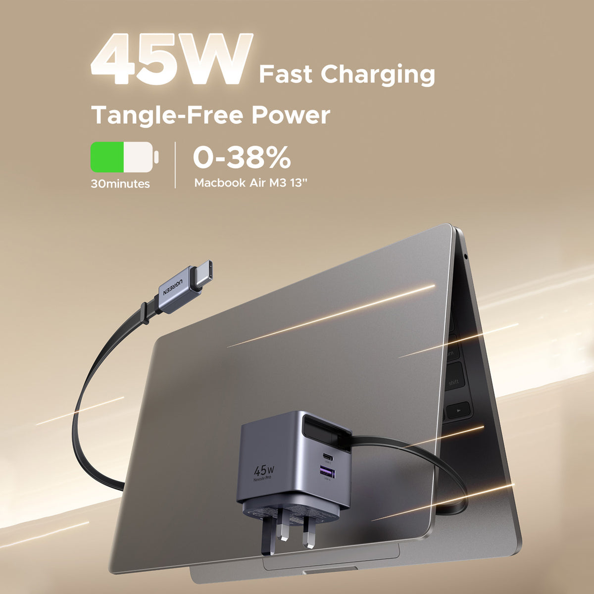 UGREEN 45W Nexode Pro GaN (USB-A*1 + Type-C*1) Fast Charger with Retractable Cable – X614 – 65823