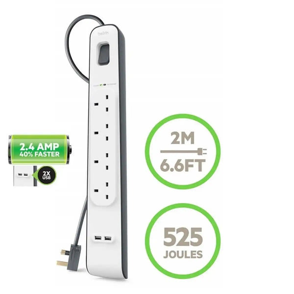 100% Belkin Surge Plus 4 / 6 / 8 Outlet & 2 USB Surge Protector 2M Cord Cable