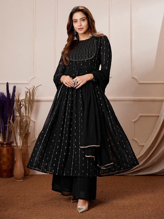 Women's Black Georgette Foil Printed Anarkali Kurta with Palazzo Set