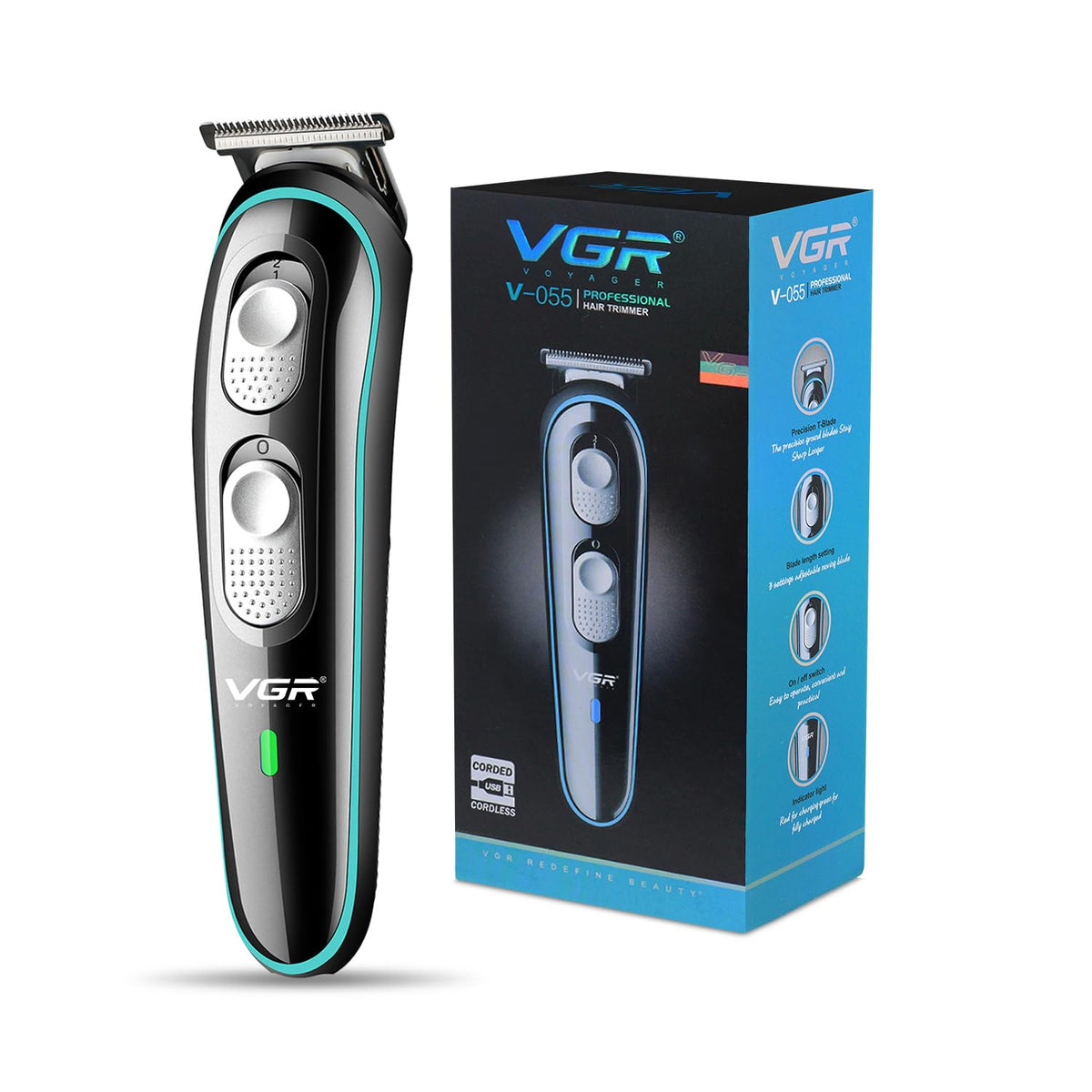 VGR V-055 Professional Rechargeable Cordless Electric Hair Clippers Trimmer Haircutting Kit with 4 Guide Combs for Men (3, 6, 9, 12 mm)