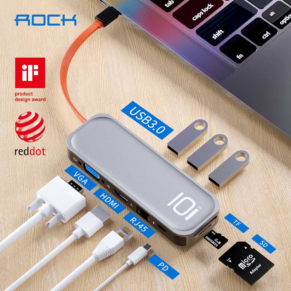 ROCK 10-in-1 USB-C Hub Type-C to Multi USB 3.0 HDMI-compatible VGA RJ45 PD Fast Charging Adapter TF SD Card Reader USB Splitt