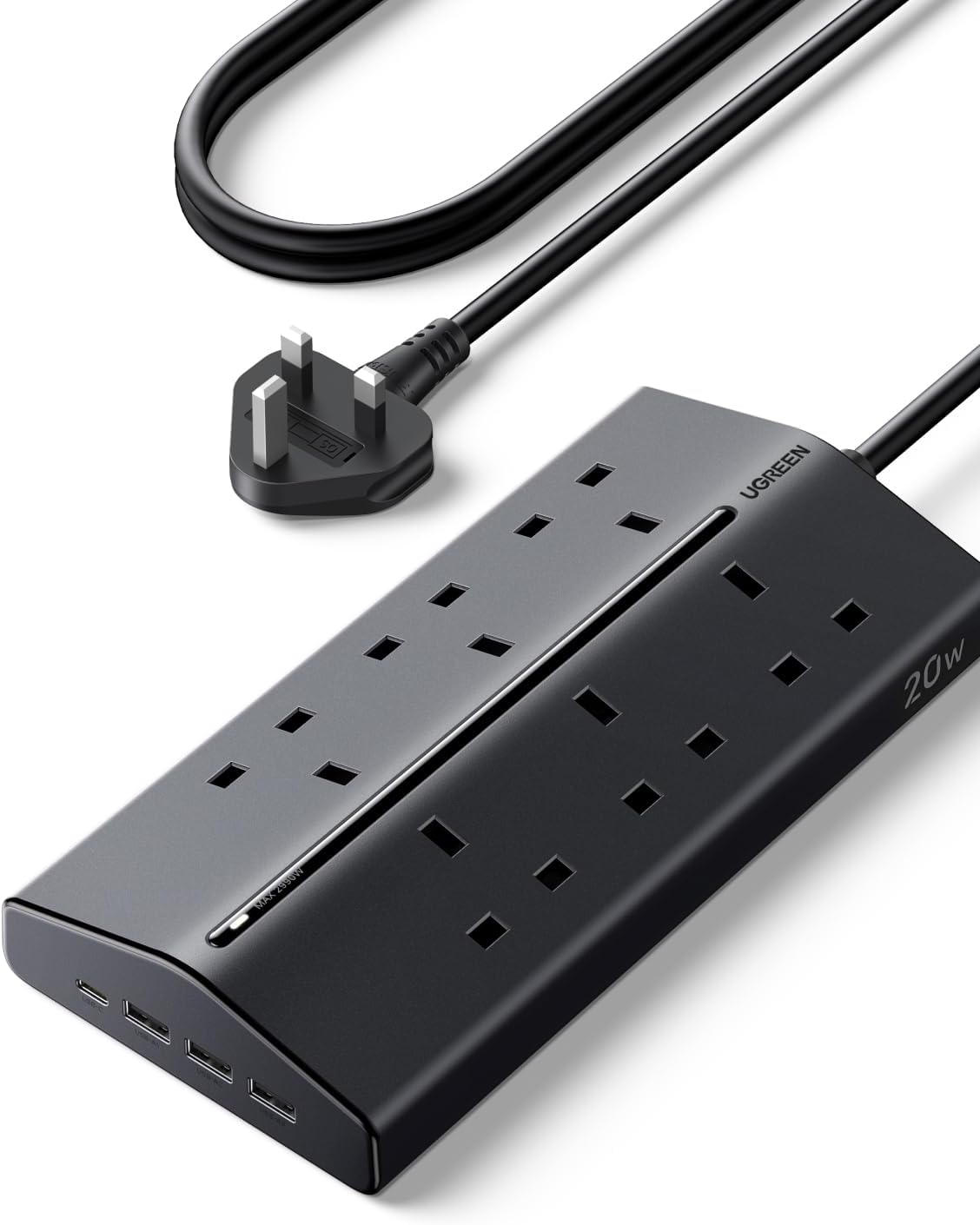 UGREEN 55318 Extension Cord Lead 1.5M, 6 Way Power Strip with 3 USB-A & 1 USB-C | 20W PD Fast Charging, 2990W Max with Master