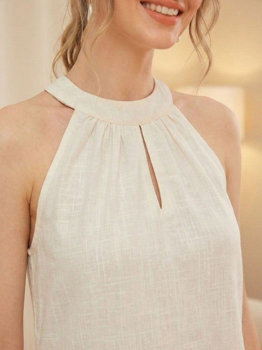 Floral Embroidered Halter Neck Linen Blend Midi Dress