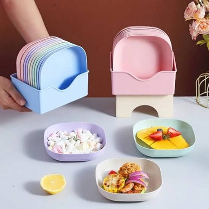 10Pcs Plates Set with Holder - Random Colours | Multi-Function Food Grade Plastic