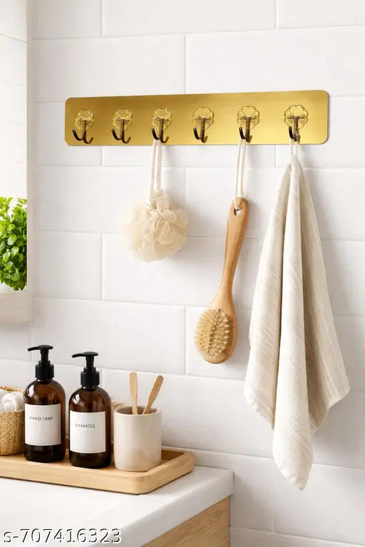 Luxury Gold 6-Hook Row Hanger: Heavy-Duty No-Drill Wall Mount Towel Rack for Bathroom & Kitchen