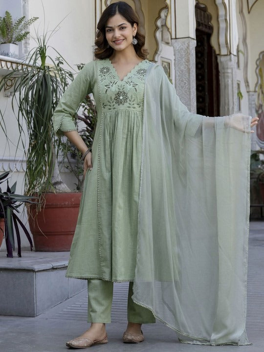Floral Yoke Design V-Neck Empire Aari Work Pure Cotton Kurta with Pyjamas & Dupatta