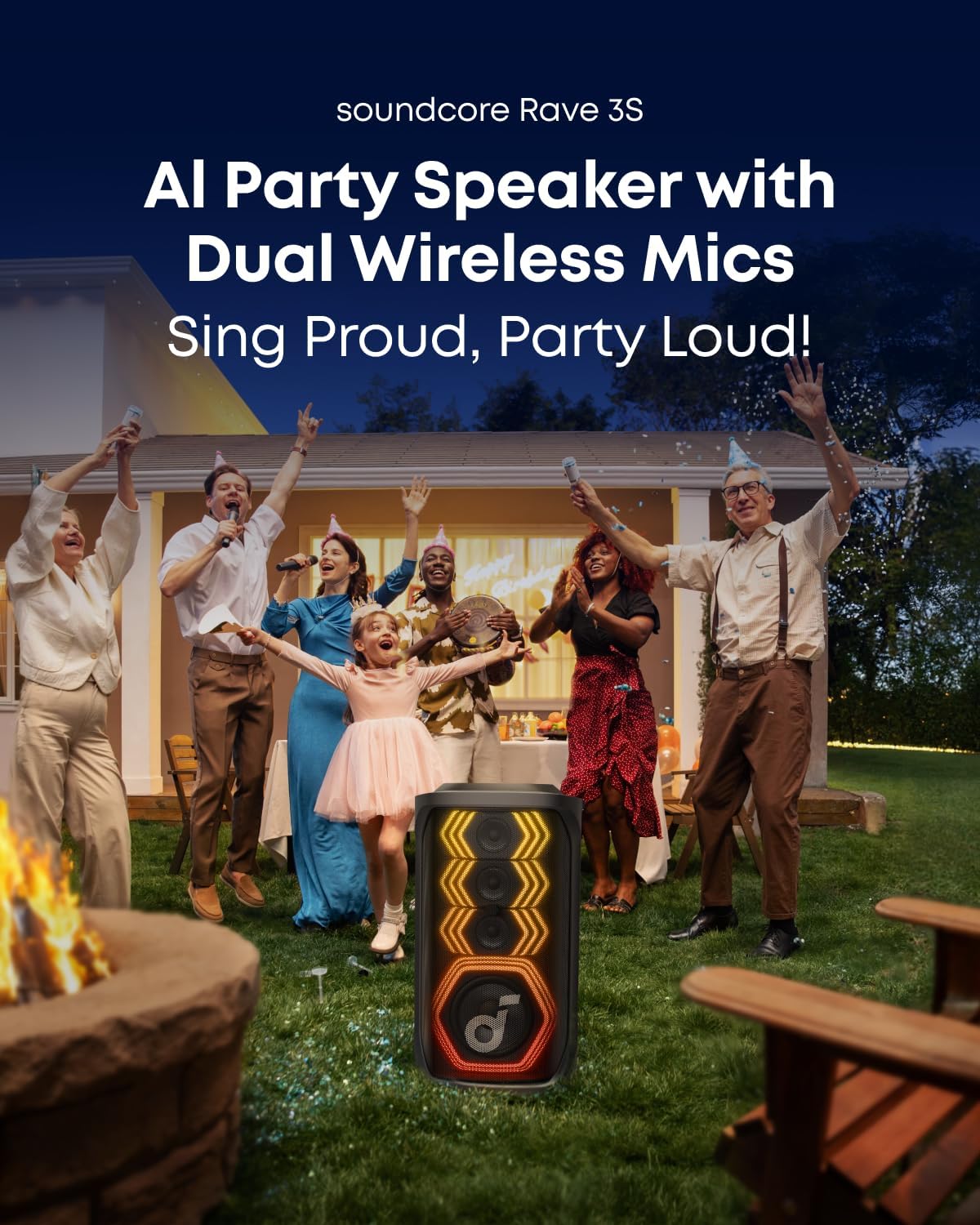 Anker Soundcore Rave 3S AI Party Speaker with 2 Wireless Microphones, 200W Sound, AI Vocal Removal, Reverb, Light Show, 12H Playtime