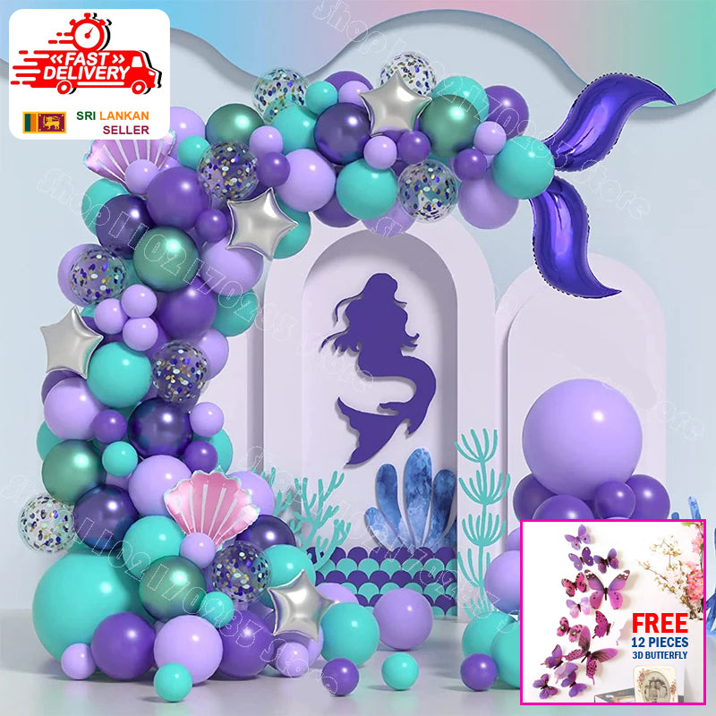 FREE 12 PCS 3D BUTTERFLY WITH Complete Set Mermaid 134-Piece Premium Blue Balloon Garland Kit for Party Decoration, Unisex Balloon Arch Set for All Ages