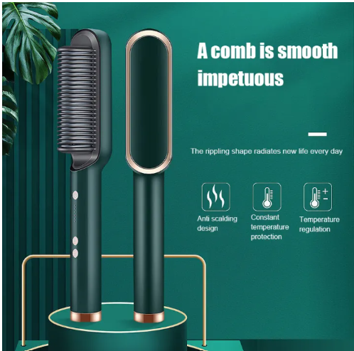 2-In-1 Hair Straightener Brush & Curler | Anti-Scald Hot Comb with 5 Temp Settings