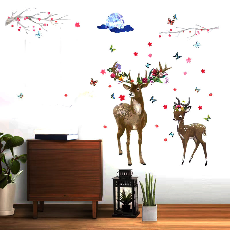 Two Deer Sticker Bird Fairy Flowers Sticker room wallpaper bedroom nursery window decor without Radium stars star wall stickers wall decoration flower butterfly wedding decoration birthday decoration kids room decoration Wall Stickers