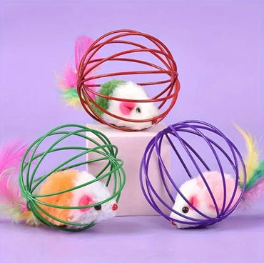 Self-Entertaining Cat Toy – Cage Mouse Ball with Feathers, Stimulates Hunting Instinct