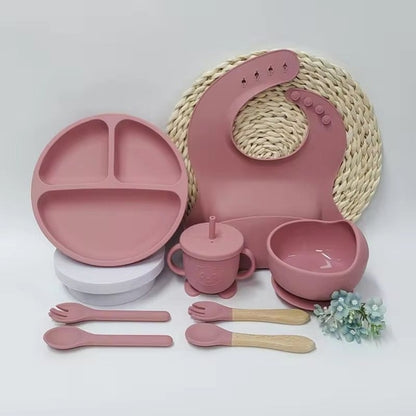 Baby Feeding Set 6Pcs Panda Silicone Baby Plate Infant Silicon Bib Suction Bowl Cup Spoon Forks Set