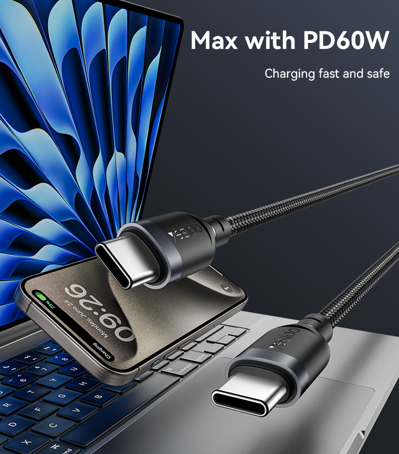Yesido CA188 30CM Type-C To Type-C 60W Fast Charging Data Cable