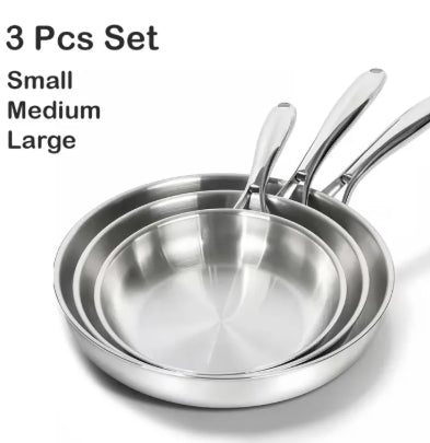 Gas Stove and Induction Suitable Flat Bottom Stainless Steel Bright Surface Frying Pan (1Ps /3Pcs)