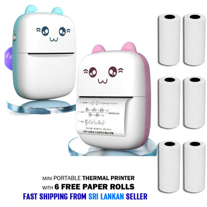 Small Portable Wireless Thermal Photo Printer Pocket Student Mini Bluetooth printer portable Label Printer cat printer 6 Paper Rolls Included