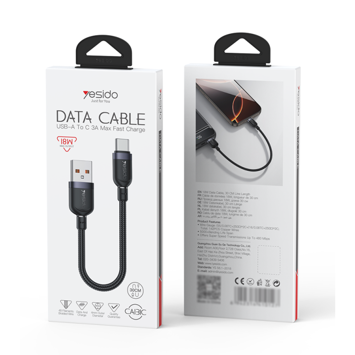 Yesido 0.3 Meter 18W Fast Charging USB to Type-C Aluminum Alloy Braided Data Cable - CA131C