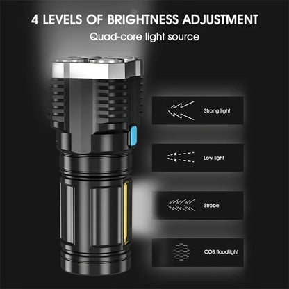 4 LED USB Rechargeable Flashlight with COB Side Light – 4 Modes, Waterproof ABS Torch for Camping