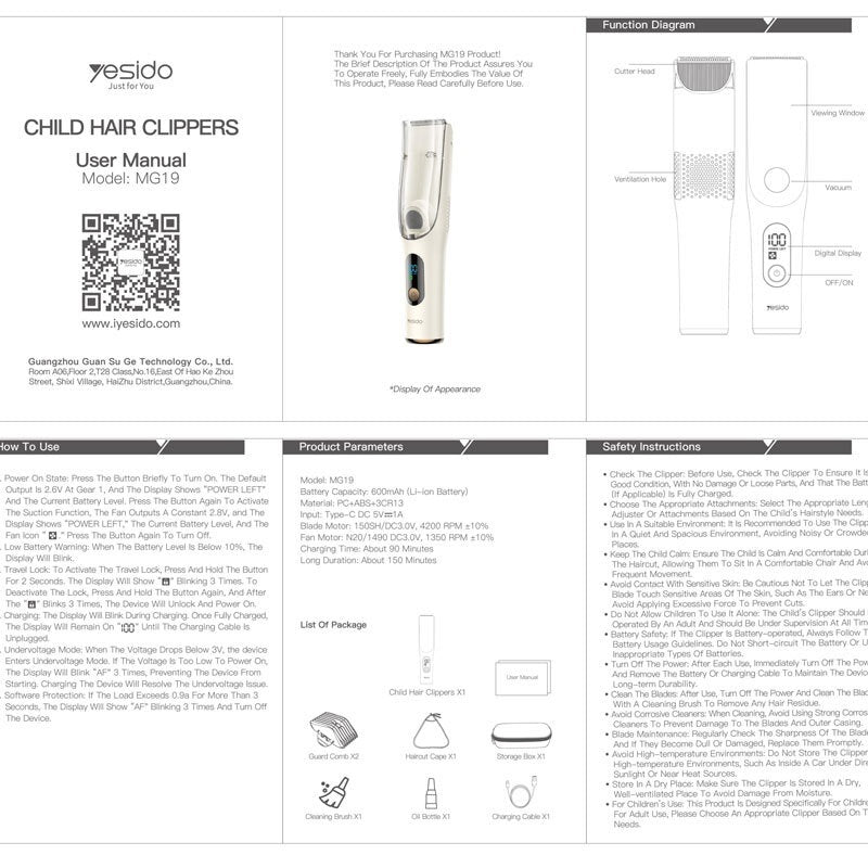 Yesido MG19 Baby Hair Clipper -Low Noise Kids Hair Clipper