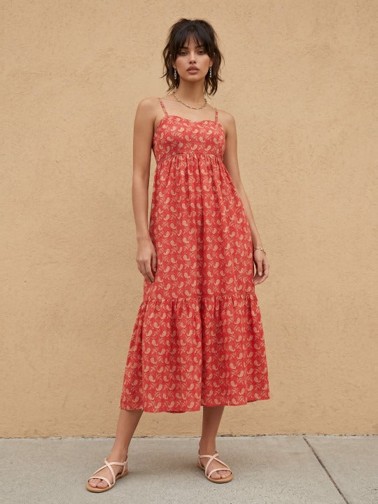 Paisley Printed Sweetheart Neck Midi Tiered Dress