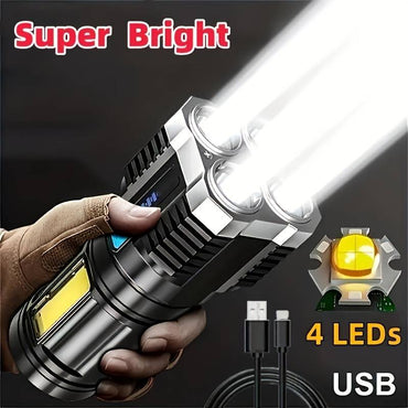 4 LED USB Rechargeable Flashlight with COB Side Light – 4 Modes, Waterproof ABS Torch for Camping