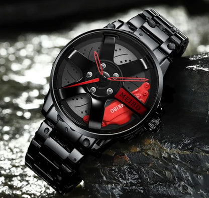 Stainless Steel Wheel Rim Style Quartz Wrist Watch – Vacuum Plated Car Hub Design