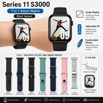 Series 11 S3000 Black 7+1 Smart Watch – Bluetooth Calling, Fitness Tracker & Metal Strap