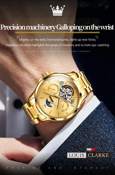 LOUIS CLARKE Fashion Brand Gold Steel Tourbillon Watch Men Sports Business Moon Phase Quartz Watches