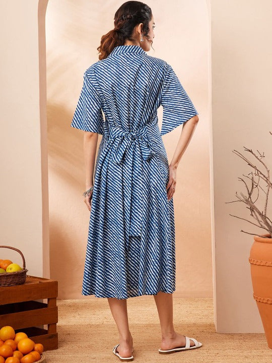 Blue Pure Cotton Striped Printed a-Line Dress