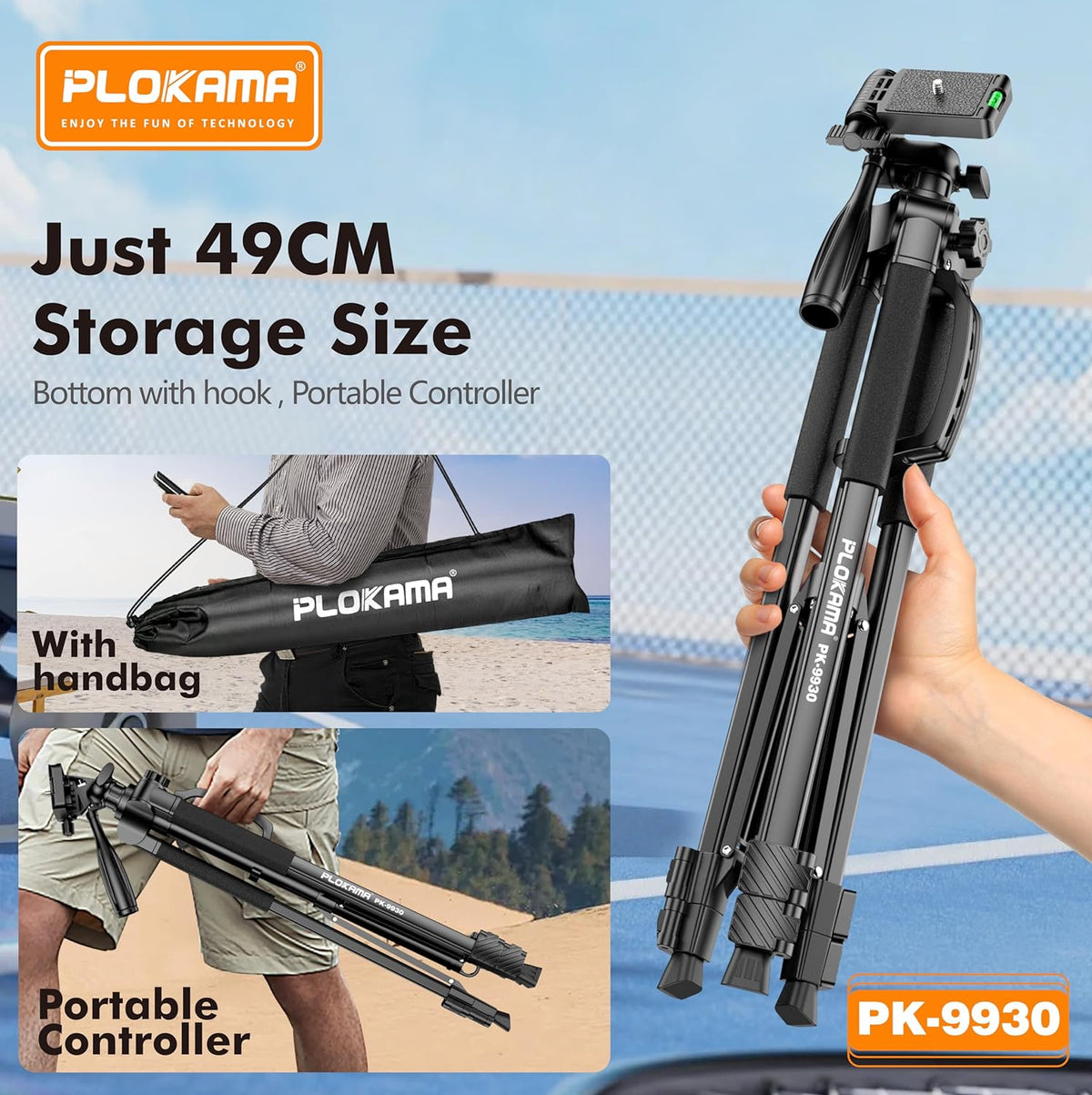 Plokama PK-9930 – 150CM Tall, 360° Rotating Tripod with Bluetooth Remote, Phone Holder & Carry Bag