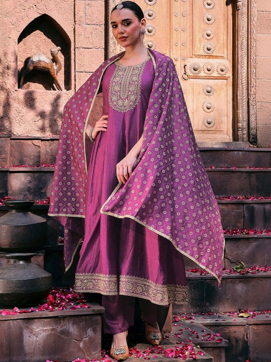 Women Ethnic Motifs Embroidered Regular Thread Work Kurta with Trousers & with Dupatta