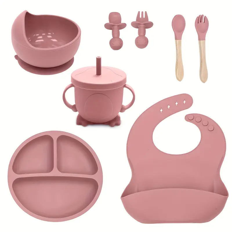 8-Piece Silicone Baby Feeding Set - Plates, Bowls, Bibs & Utensils (BPA-Free, 6+ Months)