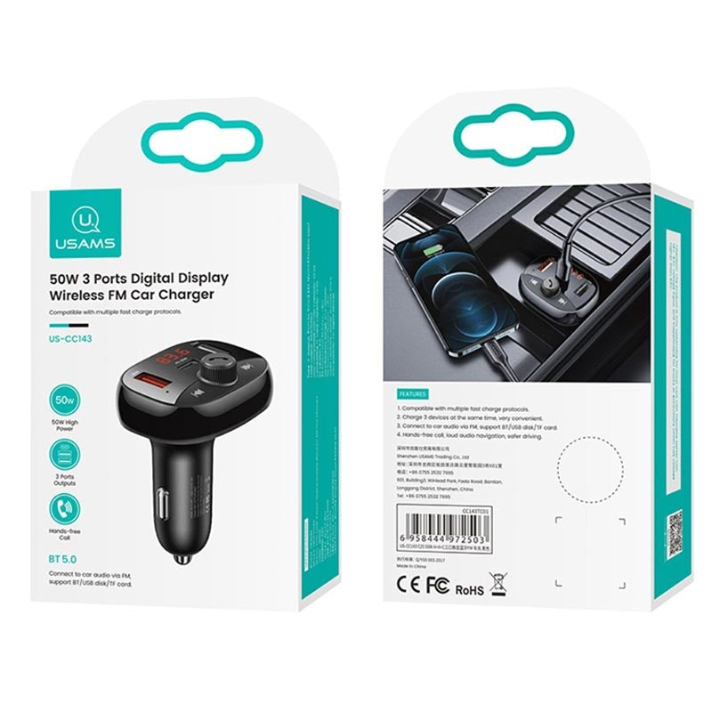 USAMS CC143 C25 50W Dual USB + Type-C 3 Ports Digital Display Wireless FM Car Charger